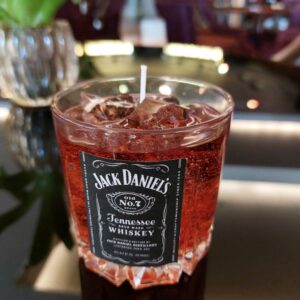 Whiskey-style candle in Jack Daniel’s glass with wax ice cubes